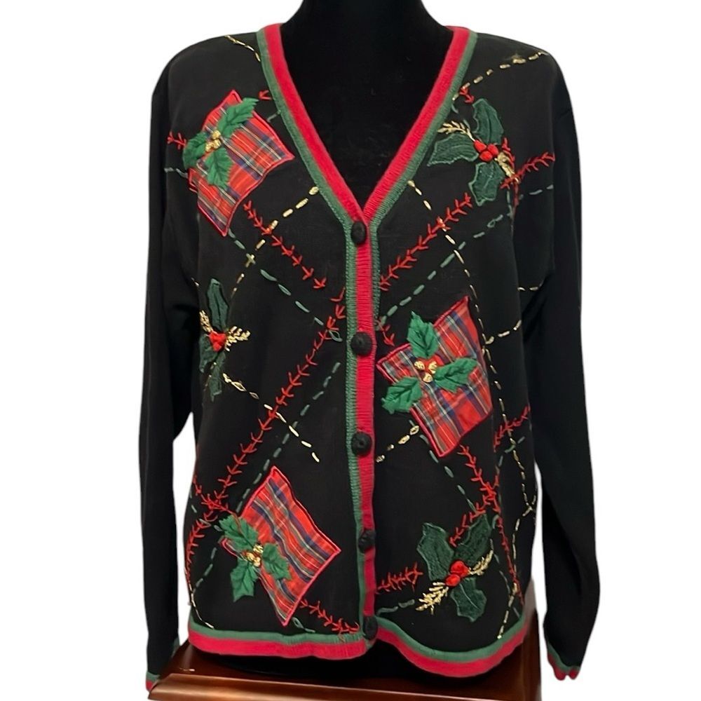 Basic Editions Vintage Hand Stitched Embroidered Cardigan Holiday Sweater L